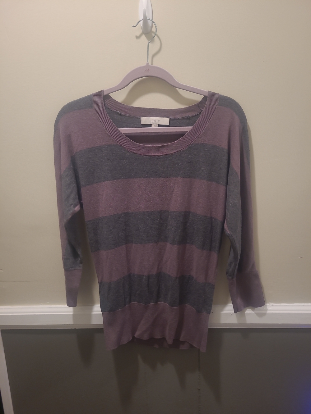 Loft Womens Small Purple Gray Rugby Style 3/4 Sleeve Lightweight Sweater